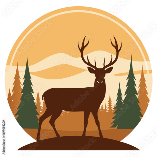 Silhouette of a Majestic Stag with Antlers in a Forest Landscape at Sunset deer
