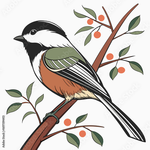 Black capped chickadee bird on a branch with orange berries