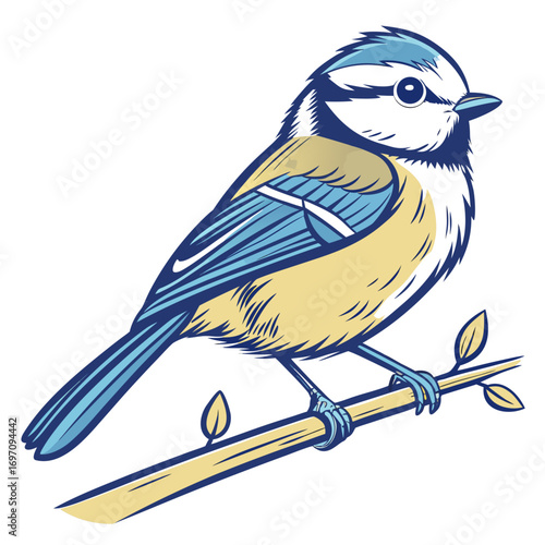 Blue tit bird perched on a branch with small leaves