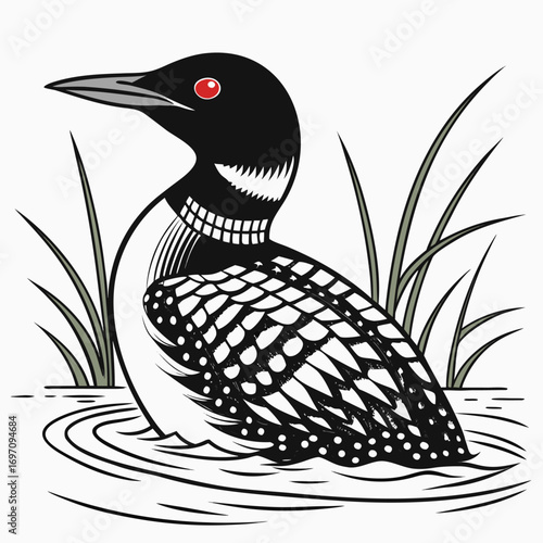 Loon bird with red eyes in water with reeds