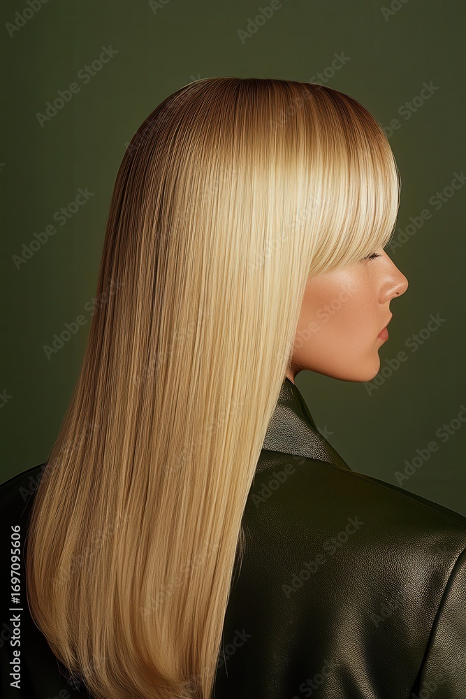 Fototapeta premium Elegant Blonde Girl With Long Hair in Dark Olive Setting