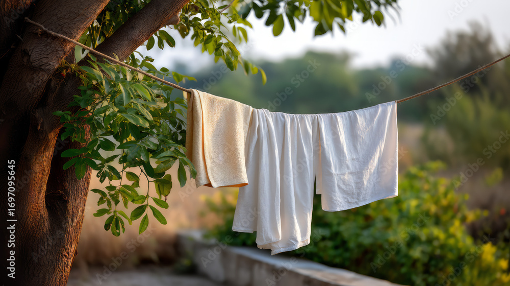 Fototapeta premium Pranie i rośliny w sielskim ogrodzie – prostota, ekologia, popołudniowe światło
