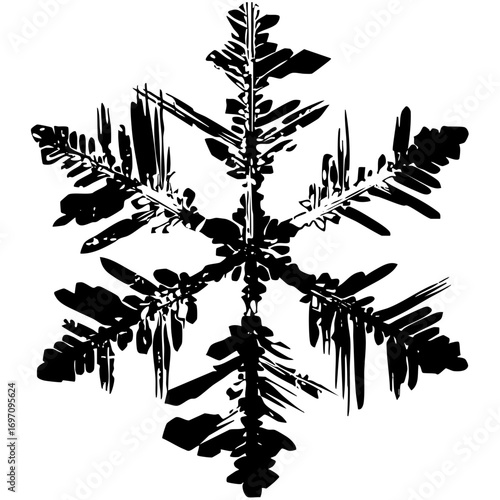 Vector Intricate snowflake features detailed symmetrical crystalline structure.