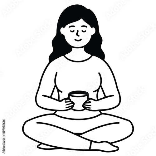 black and white woman meditating with cup clip art preview