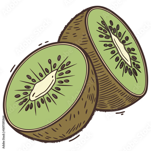 Two halves of a kiwi fruit with seeds and pulp