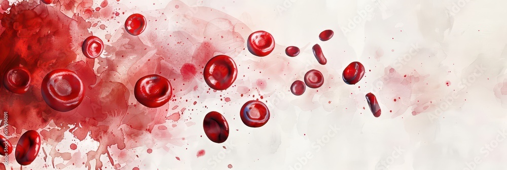 Fototapeta premium Awareness of world thrombosis day with artistic blood cells background. Horizontal banner. Copy space. World Blood Donor Day. World hemophilia day. Watercolor illustartion