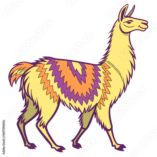 Yellow llama with colorful zigzag pattern on its back