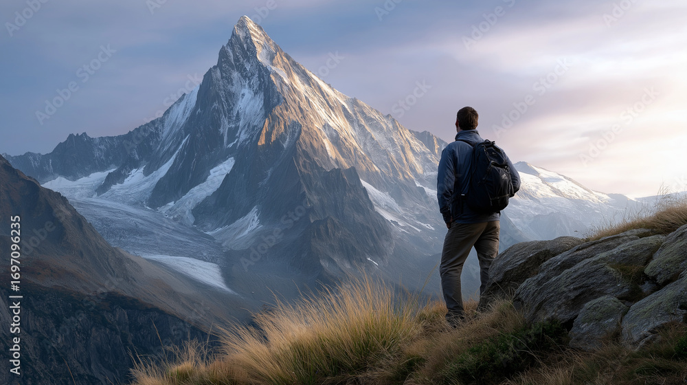 Fototapeta premium A hiker views a peak, the majestic scene illuminated by soft light. Hiker, peak, with copy space