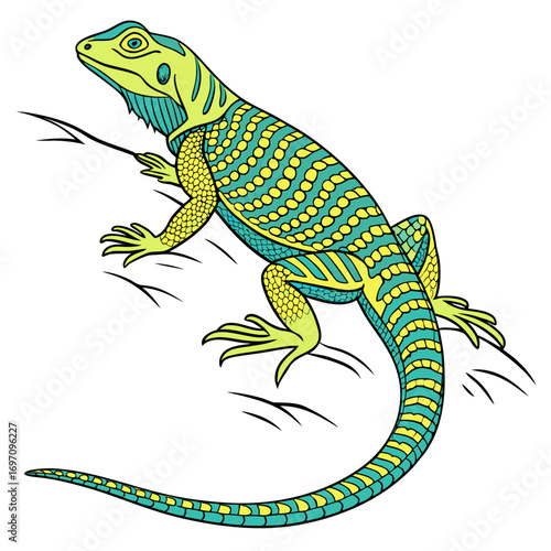 Stylized illustration of a green and yellow lizard on a