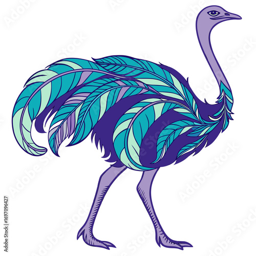 Stylized purple and teal ostrich with decorative feathers