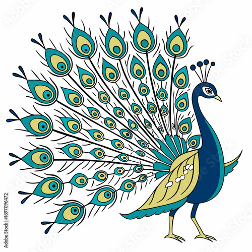 Peacock with fanned tail feathers