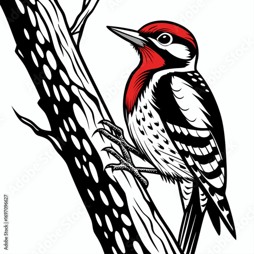 Closeup of a redheaded woodpecker on a textured tree branch