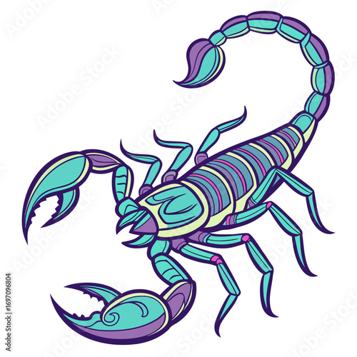 Stylized illustration of a scorpion with purple and turquoise segmented body