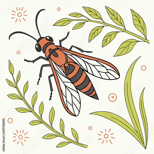 Illustration of a wasp with striped abdomen and wings on a light background