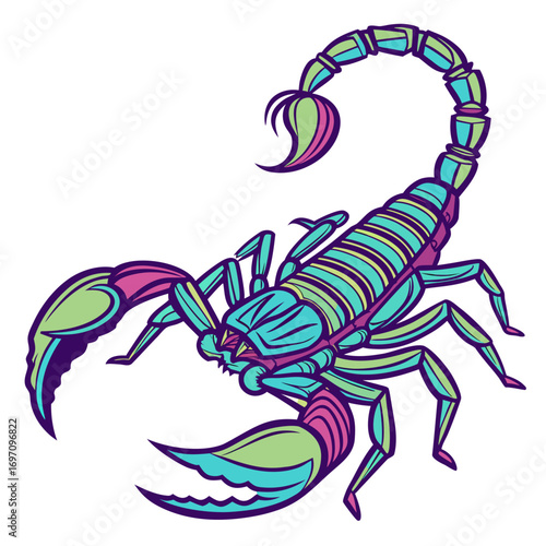Stylized scorpion with colorful pincers and tail