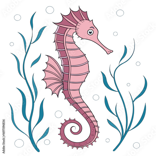 Red seahorse swimming among coral and bubbles