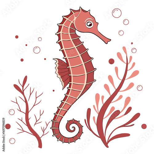 Pink seahorse swimming among seaweed and bubbles