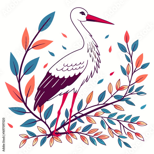 Artistic stork standing among colorful branches