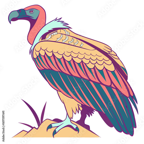 Illustration of a vulture standing on a rock with grass