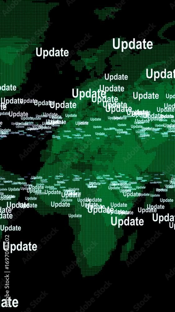 Depicts a digital map of the world overlaid with update symbols and ...