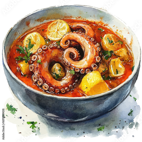Octopus Stew, watercolor painting vector, isolated on a white background.
