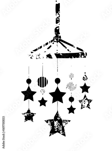 Vector Celestial mobile featuring black stars and spherical ornaments.