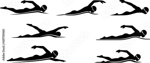 Swimming silhouettes, Swimmer silhouette, Woman swimming silhouette, Swimmer svg, Backstroke swimmer silhouette, Swimming svg, Swimming goggles silhouette, Swimmer icon bundle.