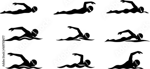 Swimming silhouettes, Swimmer silhouette, Woman swimming silhouette, Swimmer svg, Backstroke swimmer silhouette, Swimming svg, Swimming goggles silhouette, Swimmer icon bundle.