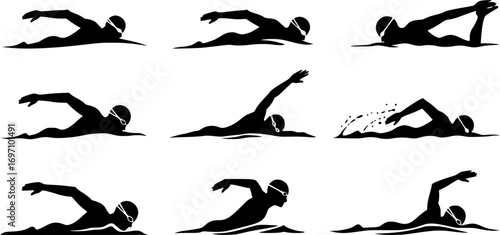 Swimming silhouettes, Swimmer silhouette, Woman swimming silhouette, Swimmer svg, Backstroke swimmer silhouette, Swimming svg, Swimming goggles silhouette, Swimmer icon bundle.