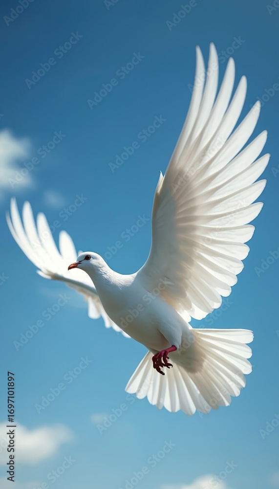 Obraz premium White dove flies through clear blue sky with wings spread wide. Bird peace, freedom, love. Clean design, white feathers, bird eye view, motion blur suggests flight. Religious, spiritual themes,