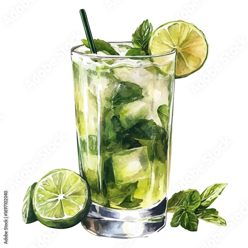 Mojito, watercolor vector, isolated on a white background.