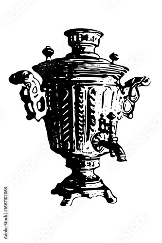 Vector Detailed of a vintage metal samovar with ornate handles.