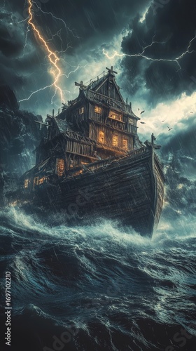 A dramatic lightning sky looms over the stormy sea where the majestic Noah's Ark is engaged in a fierce battle against a turbulent tempest