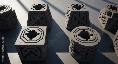 Geometric Stone Structures with Intricate Carvings and Dramatic Shadows