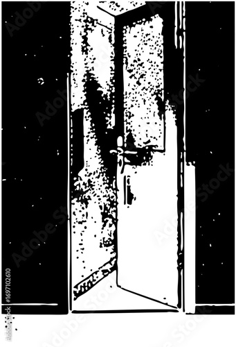 Vector Open doorway reveals a shadowy figure inside a room.