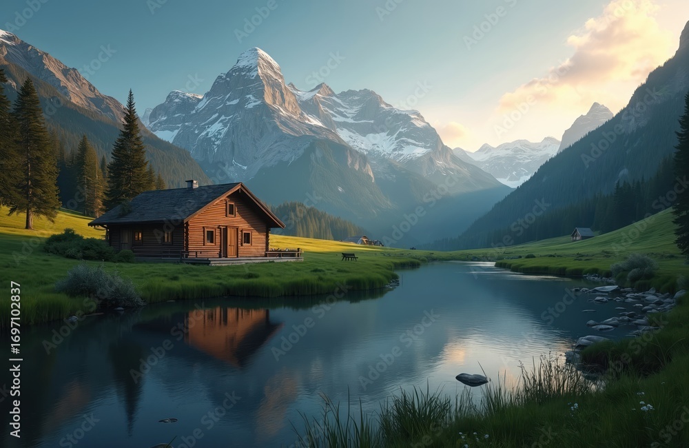 Fototapeta premium Tranquil scene features rustic wooden house nestled beside calm lake, with majestic snow-capped mountains, rich green forests in background. Clear blue sky with soft clouds. Idyllic natural