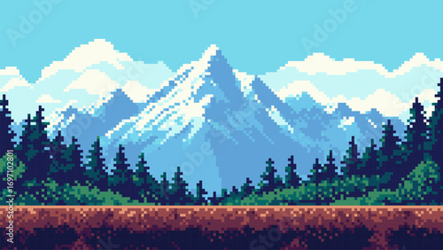 Pixel art game level with snowy mountains, forest trees, and ground platform. Retro gaming nature landscape design element.