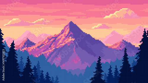 Pixel art mountain landscape at sunset with pine forest. Retro game level design or vintage video game background illustration.