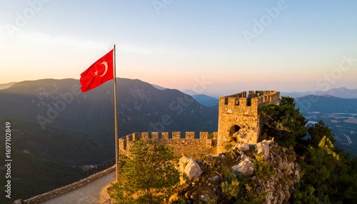 Majestic Alanya Castle adorned with Turkish flag on a cliffside at dusk