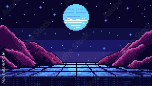 Pixel art game level with purple mountains and night sky with stars and moon. Retro arcade gaming background. Perfect for game design asset.