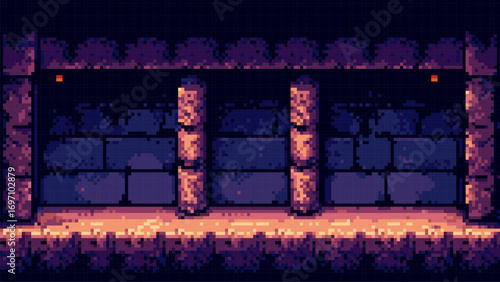 Dark mysterious pixel art cave or dungeon level background with glowing element and ancient pillars for game design platformer.