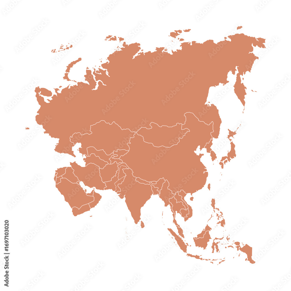 Obraz premium Asia political map with countries and borders. Asia map isolated on white background. High detailed vector illustration.