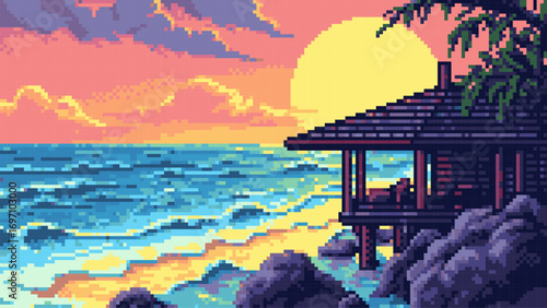 Pixel art game level vector a serene sunset beach scene with a hut overlooking the ocean and rocks. Digital illustration for game design.