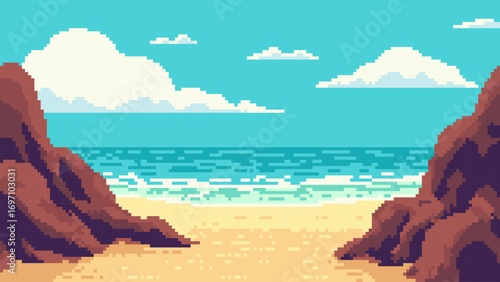 Empty pixel art beach landscape with ocean waves and clear sky framed by rocks. Retro video game level background.