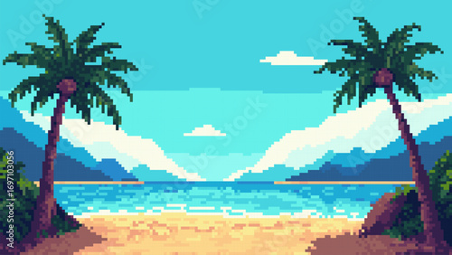 Pixel art game level vector displaying a tropical beach with palm trees, ocean, sand, and mountains background. Video game background.