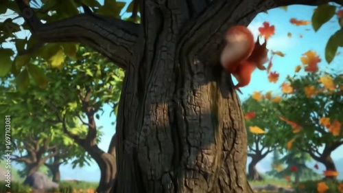 A vibrant 3D cartoon squirrel peeking from behind a textured tree trunk surrounded by lush green leaves and colorful orange flowers against a clear blue sky.