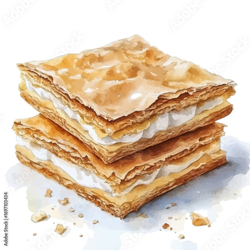 Mille-feuille, watercolor drawing vector, isolated on a white background.