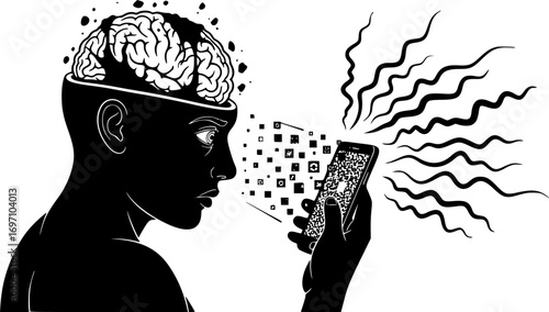 Human with Brain Rot Viewing Low-Quality Content on Smartphone – Concept Illustration of Mental Deterioration, Loss of Concentration and Intellectual Decline