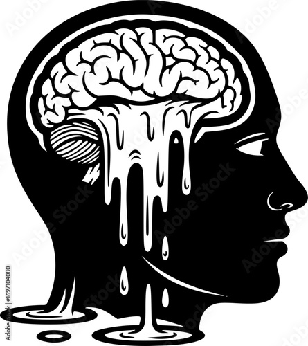 Brain Melting in Human Head – Concept Illustration of Mental Deterioration, Loss of Concentration, OCD and Intellectual Decline from Overconsumption of Online Content