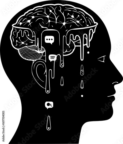 Brain Melting in Human Head – Concept Illustration of Mental Deterioration, Loss of Concentration, OCD and Intellectual Decline from Overconsumption of Online Content